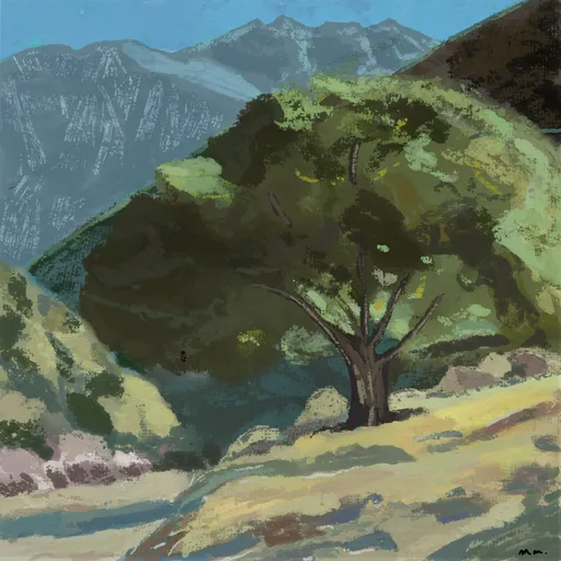 A lone tree in a sunlit green grove beneath layered blue mountain peaks