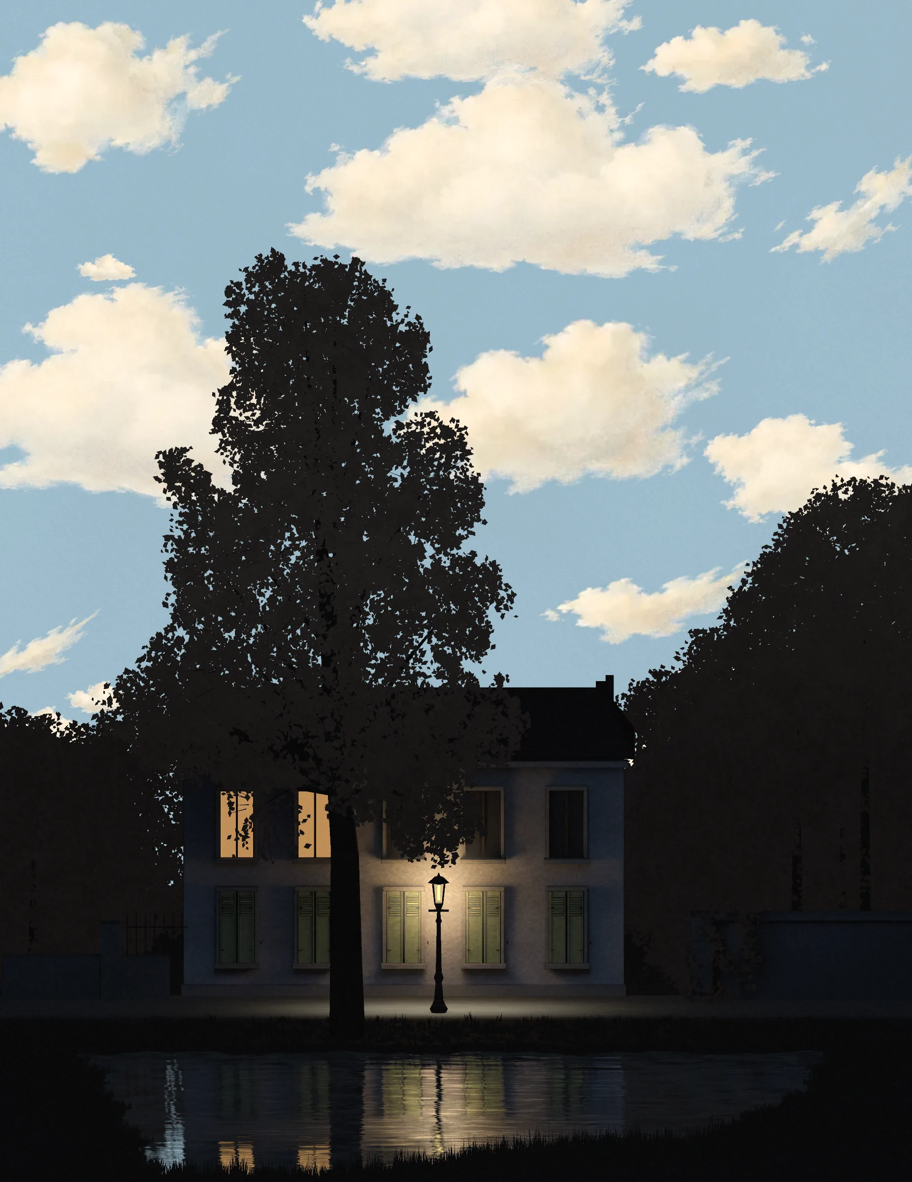 a recreation of rené magritte’s l’empire des lumières